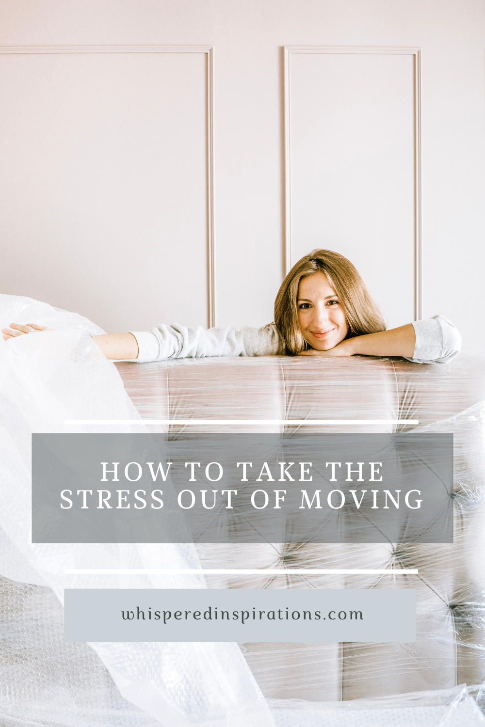 A woman sits behind a couch as she unwraps it while moving in. This article covers how to take the stress out of moving.