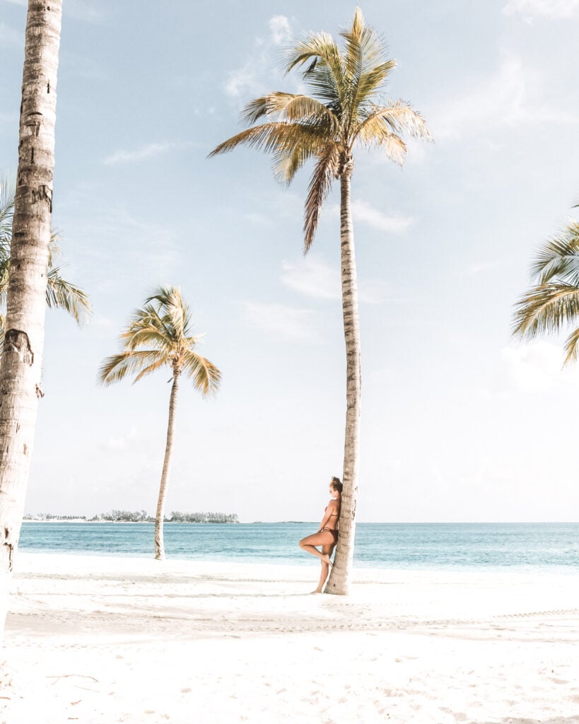 A picturesque beach setting, a woman leans up against a palm tree. The beach is behind her. This article answers how do people afford long-term travel.