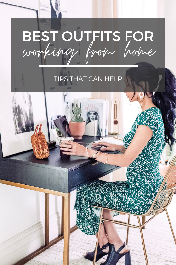 A woman sits in her home office, she wears a green desk and has her hair done. This article gives you tips for the best outfits for working from home.