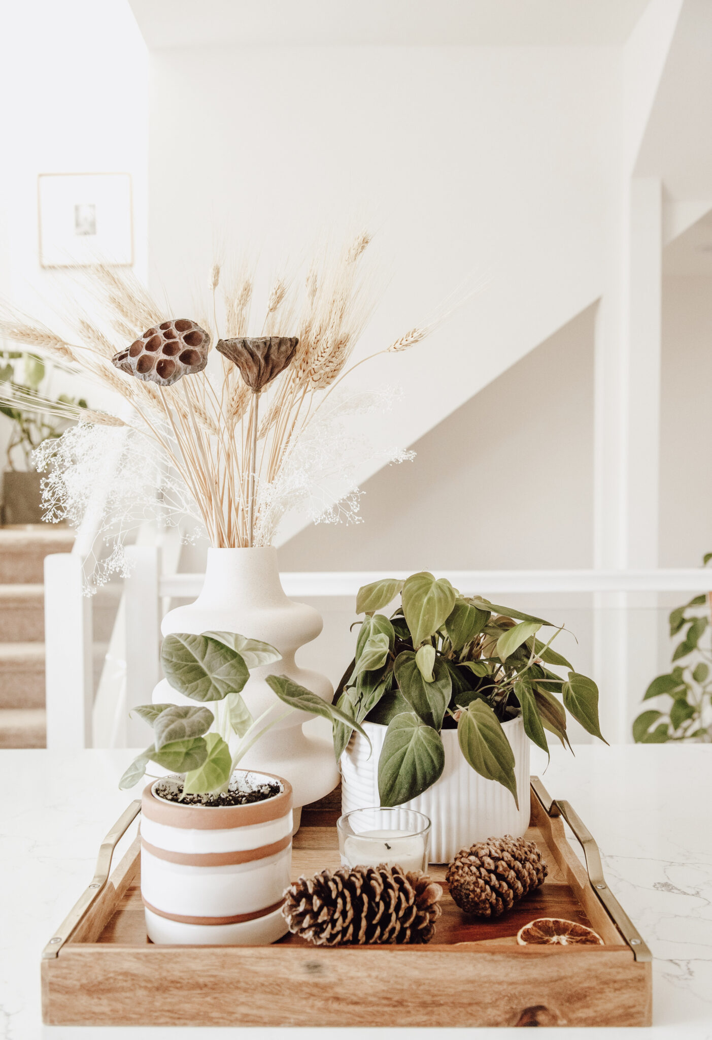 A living room decorated in neutrals with greenery.  This article lists a few tweaks that will make your home easier to maintain.