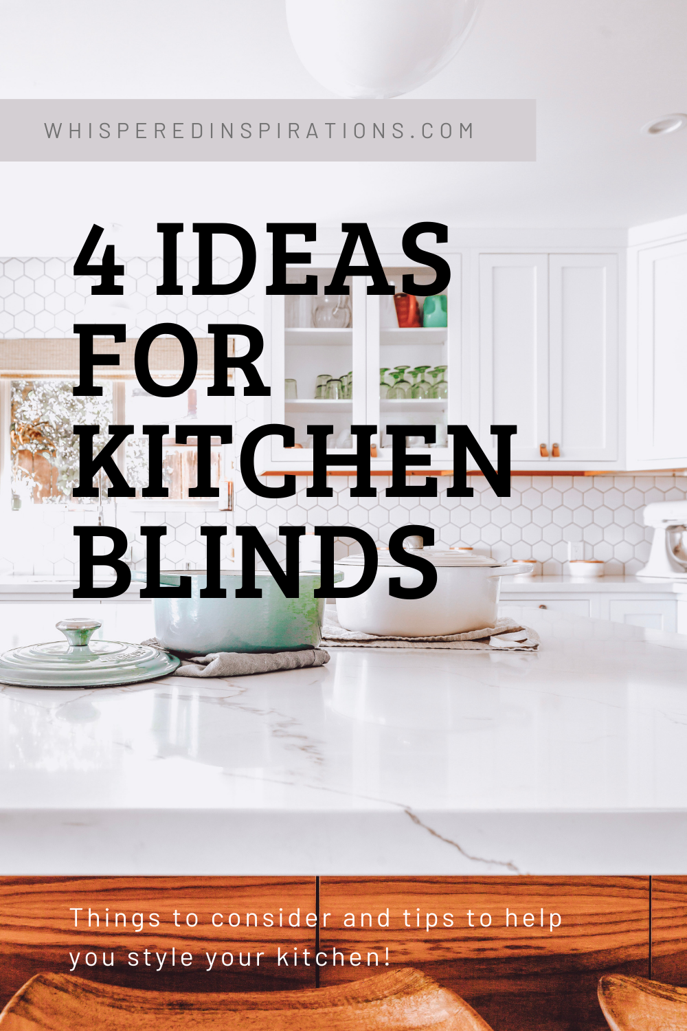 A white and bright kitchen shows a functional kitchen with blinds. This article gives 4 ideas for kitchen blinds.