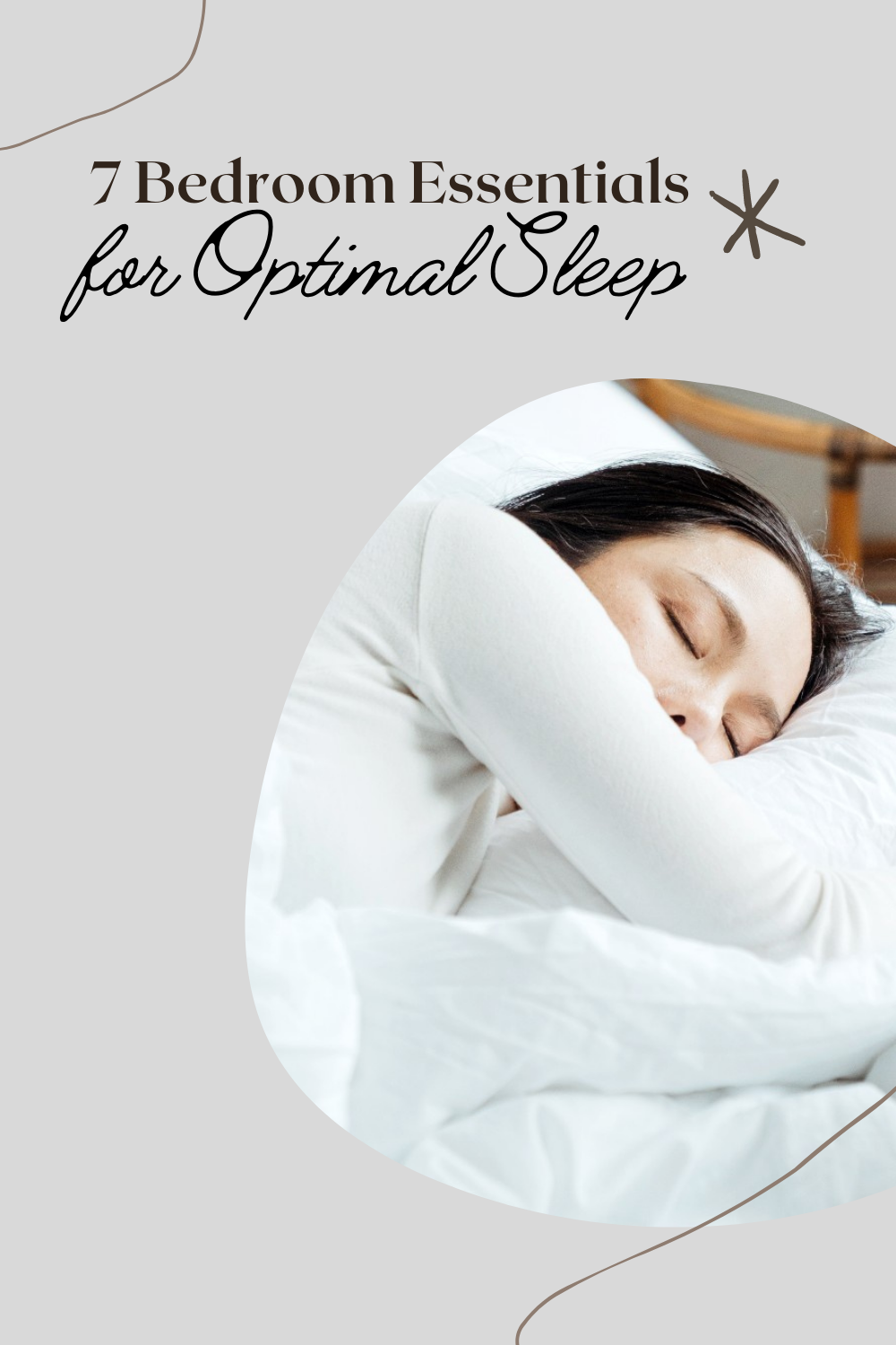 A woman sleeps in a bright room. This article covers 7 bedroom essentials for optimal sleep.
