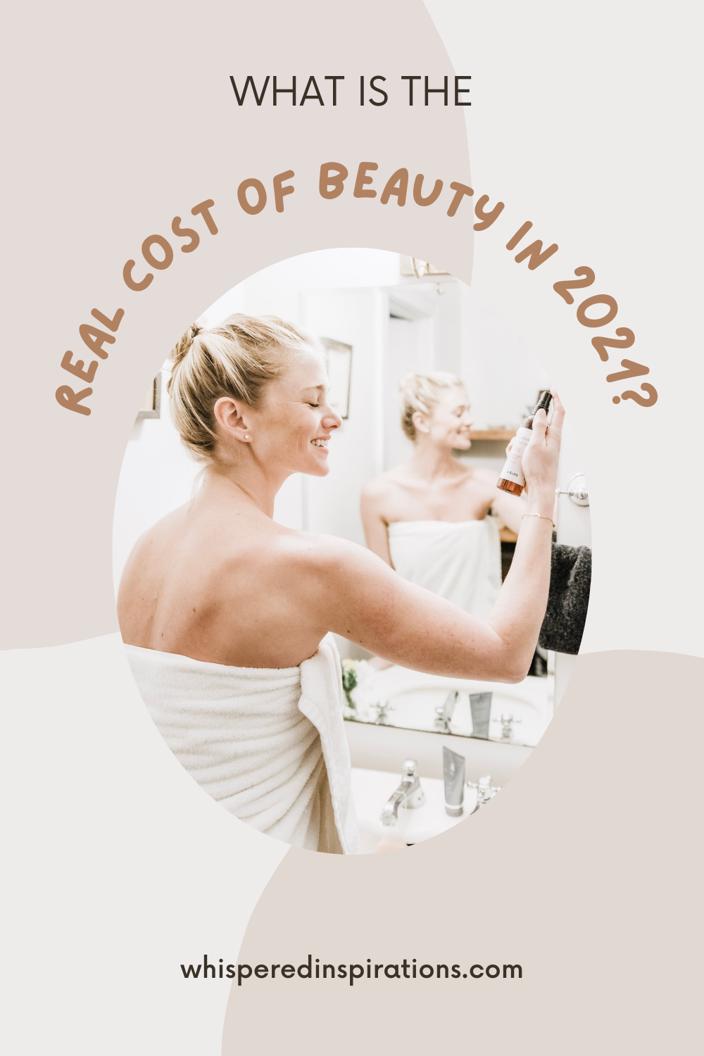 Woman sprays her face with skincare products in the bathroom. This article covers the real cost of beauty in 2021.