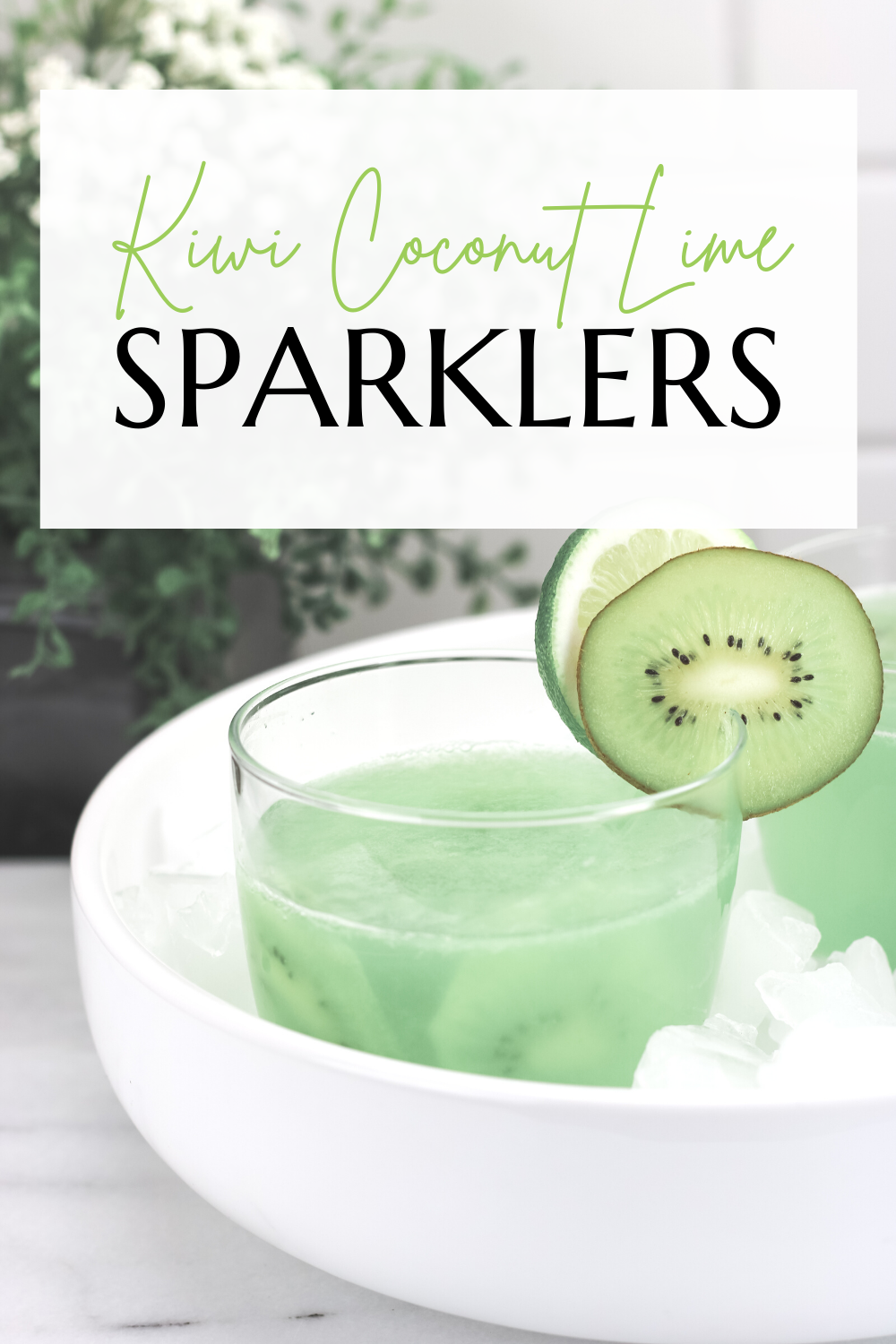 A hand holding a Kiwi Lime Sparkler. This is a step-by-step recipe that showcases simple ingredients and Torani syrups.