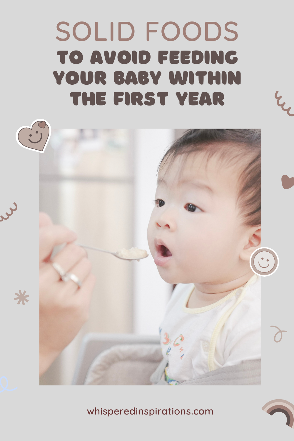 Baby opens his mouth and is being fed with a spoon. This article covers solid foods to avoid feeing your baby within the first year.