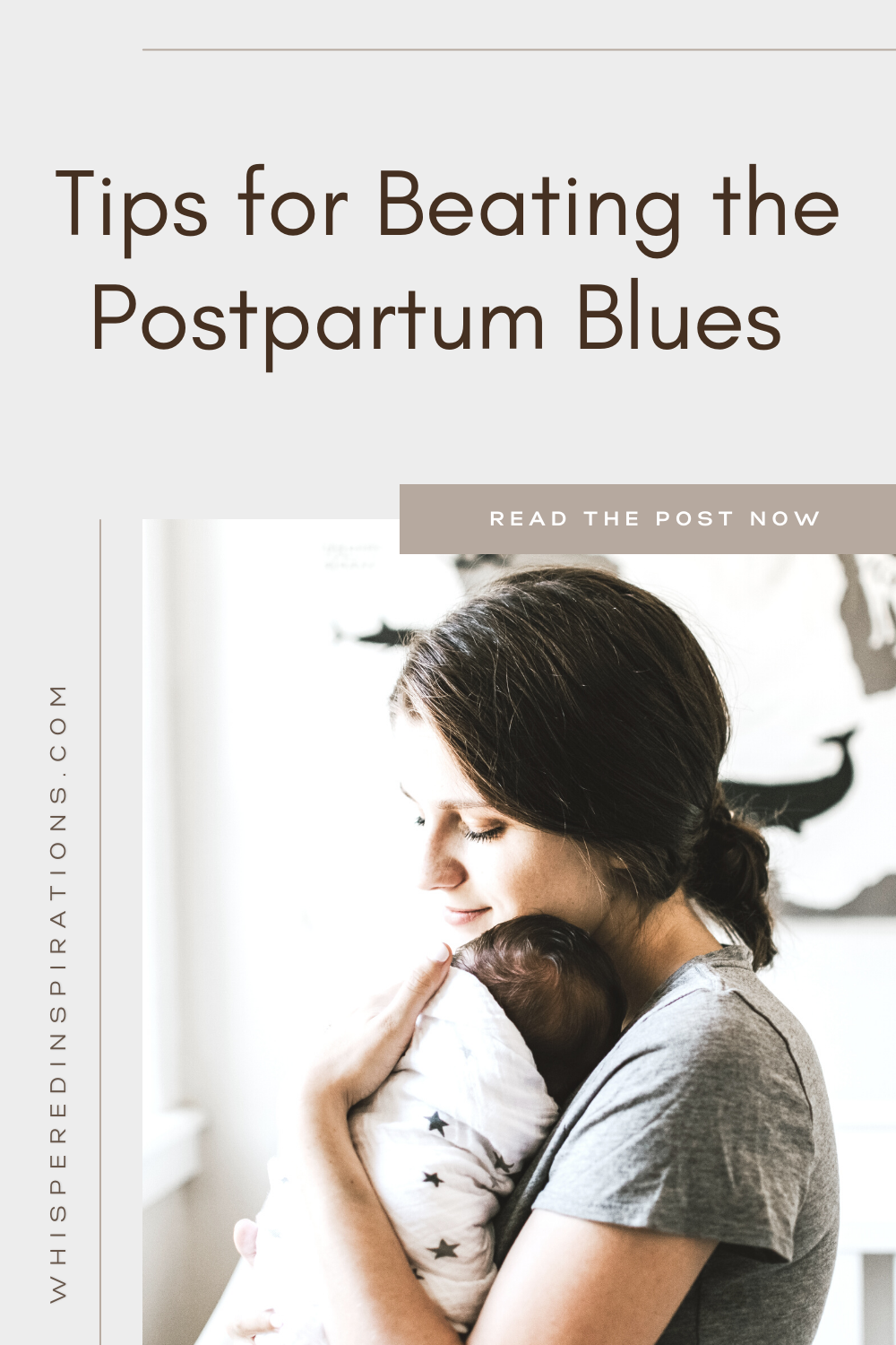 Mother and child are pictured. Mother is peaceful but, solemn. This article covers tips for beating the postpartum blues. 