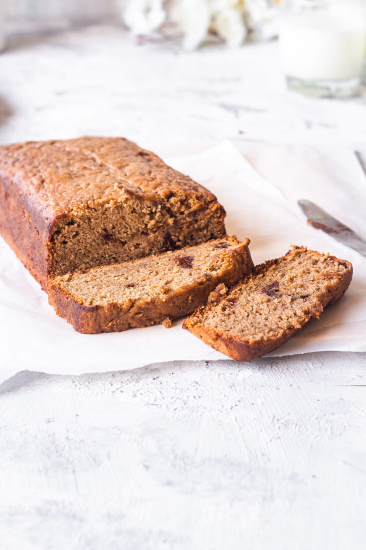A banana bread loaf is sliced and ready to be enjoyed. This article shares the Super Moist Banana Bread recipe from the How-To Cookbook for Kids.