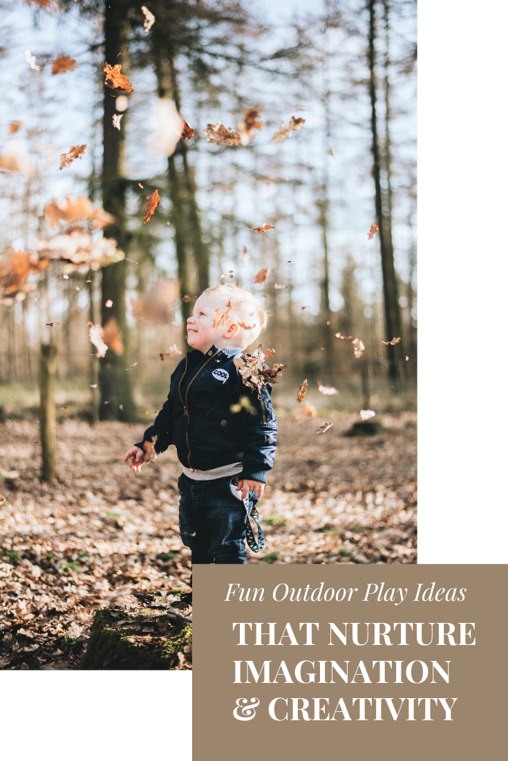 A little boy jumps and plays in fall leaves. This article covers fun outdoor play ideas that nurture imagination and creativity. 