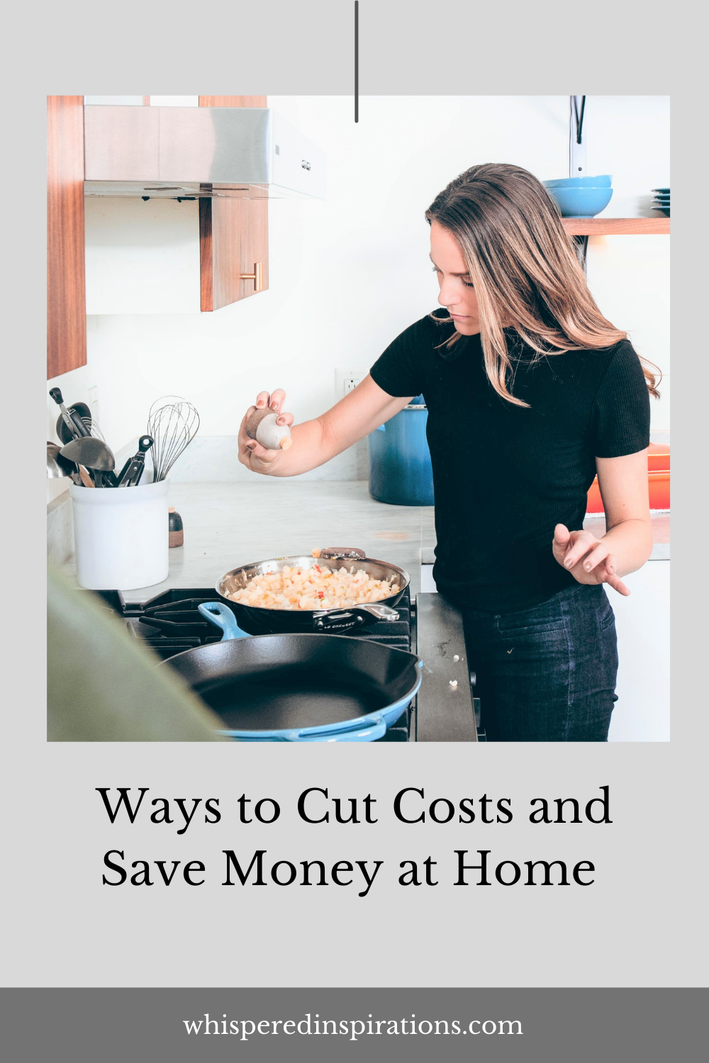 Woman seasons her food while she cooks at home. This article covers brilliant ways to cut costs and save money at home.
