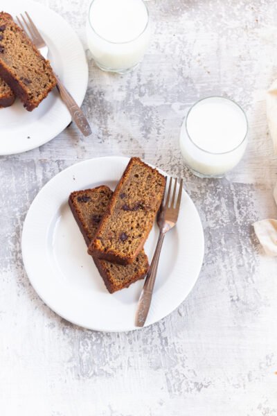 Banana bread slices are on plates with a fork. There are two glasses of milk. This article shares the Super Moist Banana Bread recipe from the How-To Cookbook for Kids.
