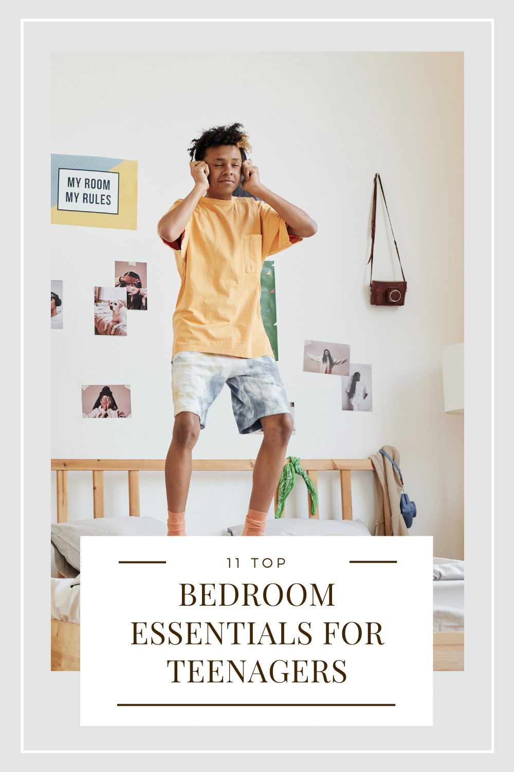 A teenager jumps on his bed. This article covers bedroom essentials for teenagers.