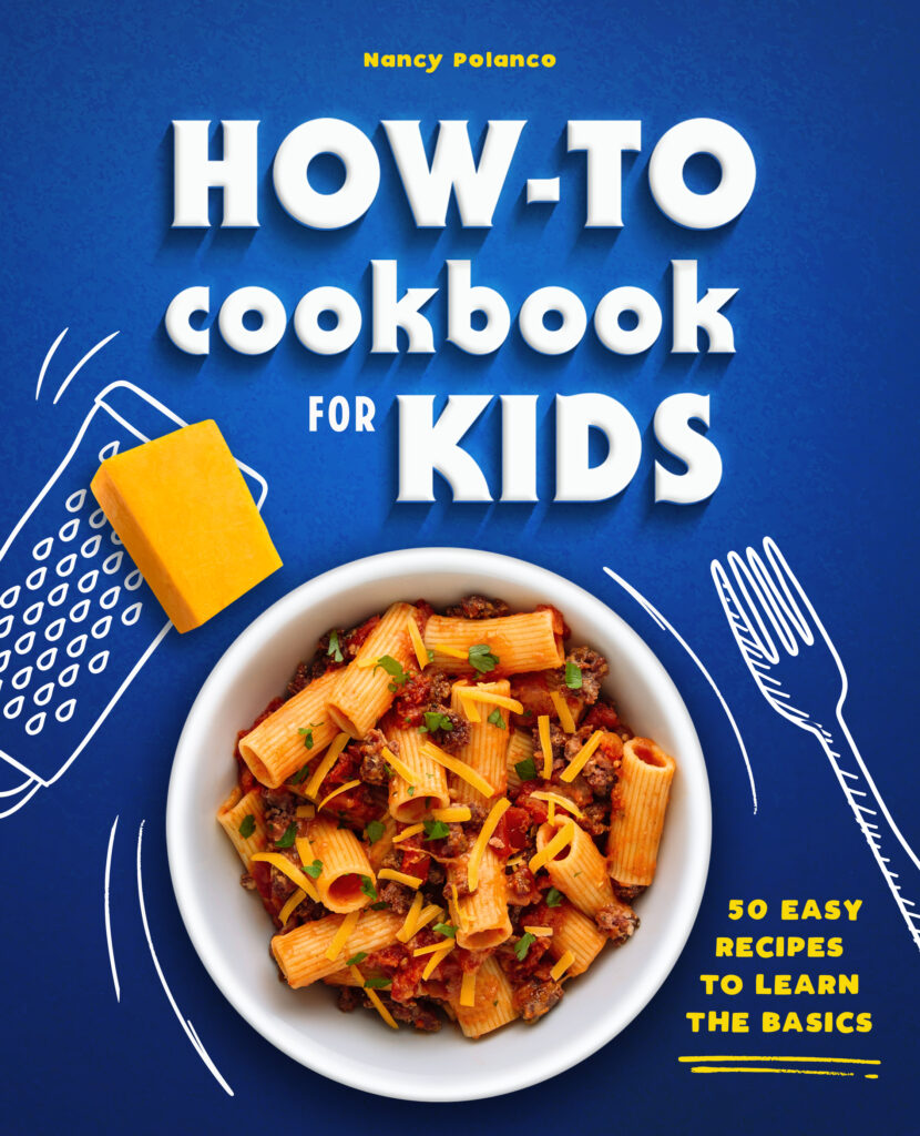 The front cover of the "How-To Cookbook for Kids: 50 Easy Recipes to Learn the Basics," it is blue and there is a plate of pasta surrounded by graphic forks, grater, and cheese on a blue cover.