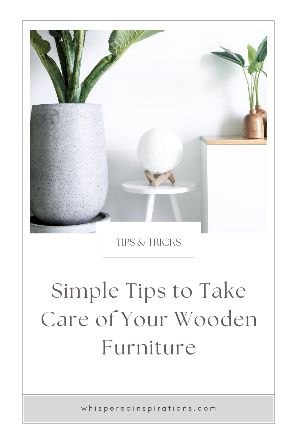 A fiddle leaf plant in a stone vase. There is a console table. This article covers simple tips to take care of your wooden furniture.