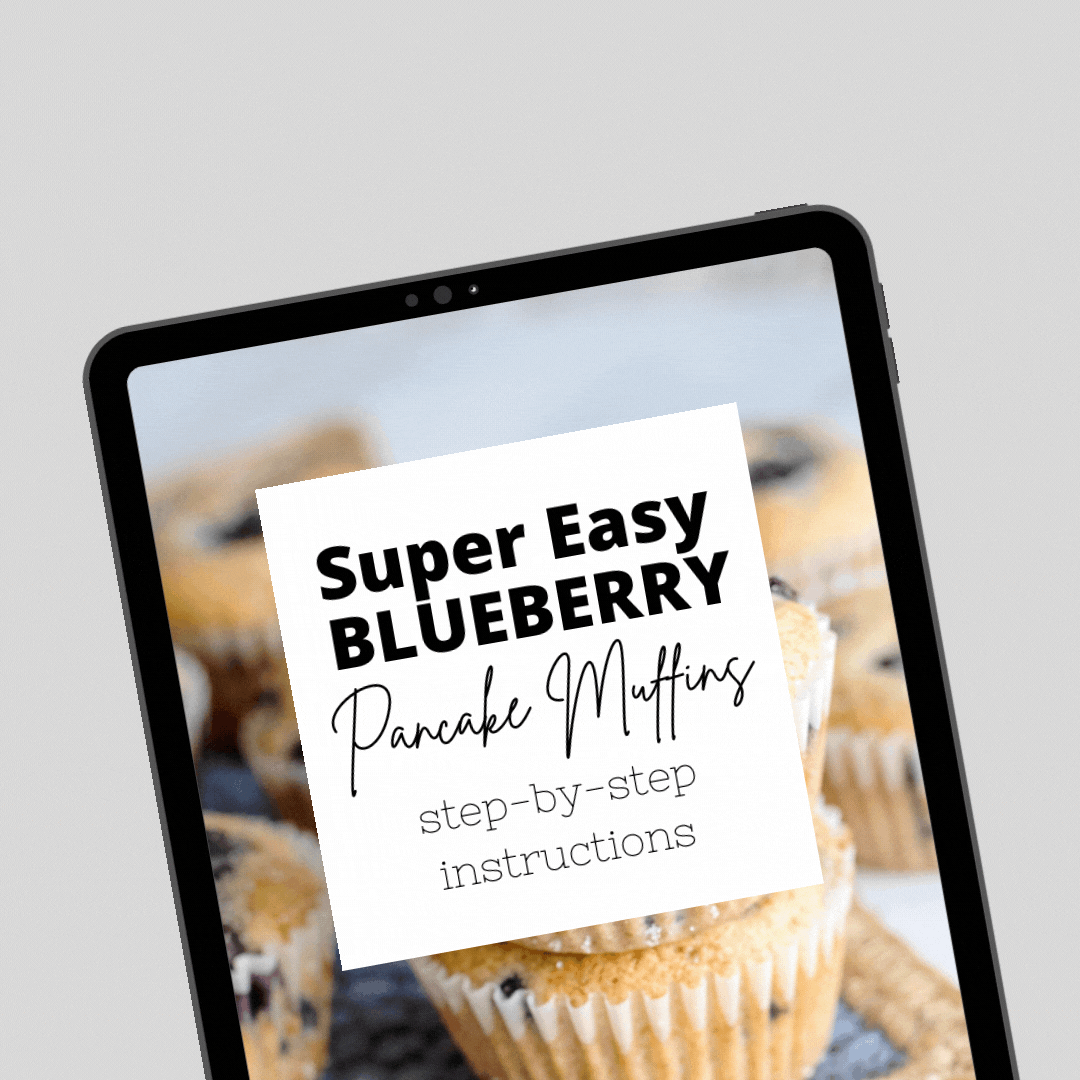 An iPad with a picture of muffins that says, "Super Easy Blueberry Pancake Muffins."