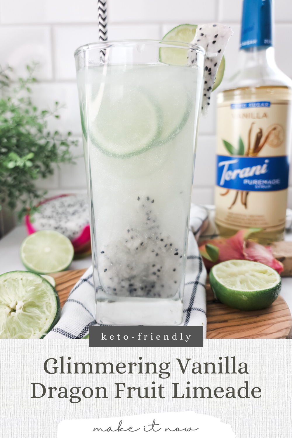 A picture of a refreshing Keto-Friendly Glimmering Vanilla Dragon Fruit Limeade in a tall glass. The ingredients surround it. This article gives the step-by-step recipe for the cocktail.