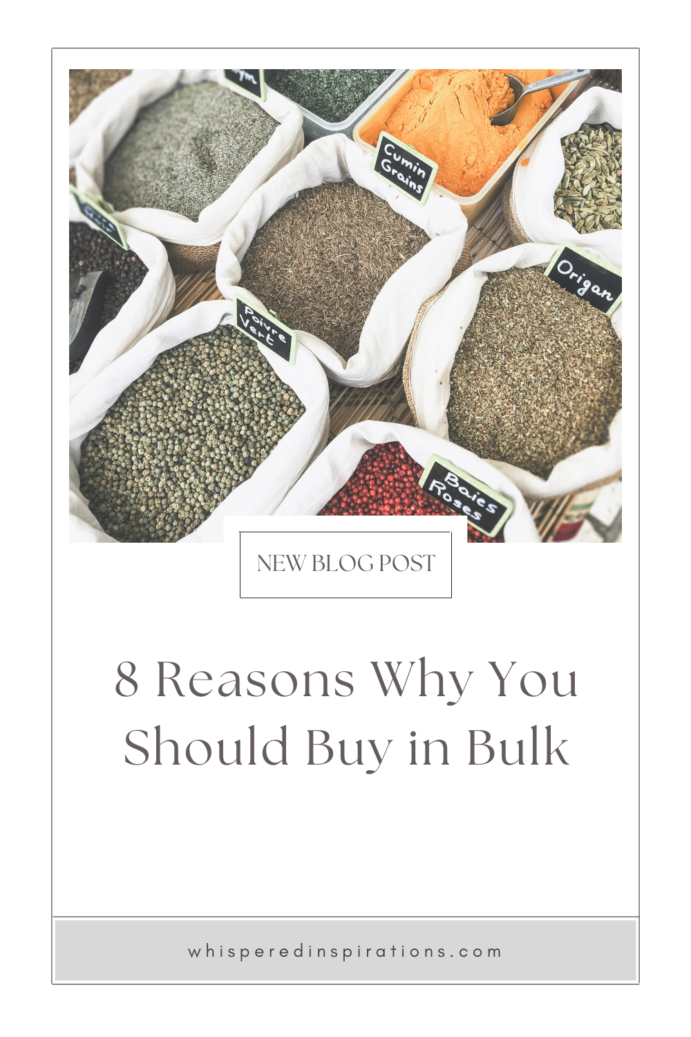 Spices with scoops that are being sold in bulk. This article covers 8 reasons why you should buy in bulk.