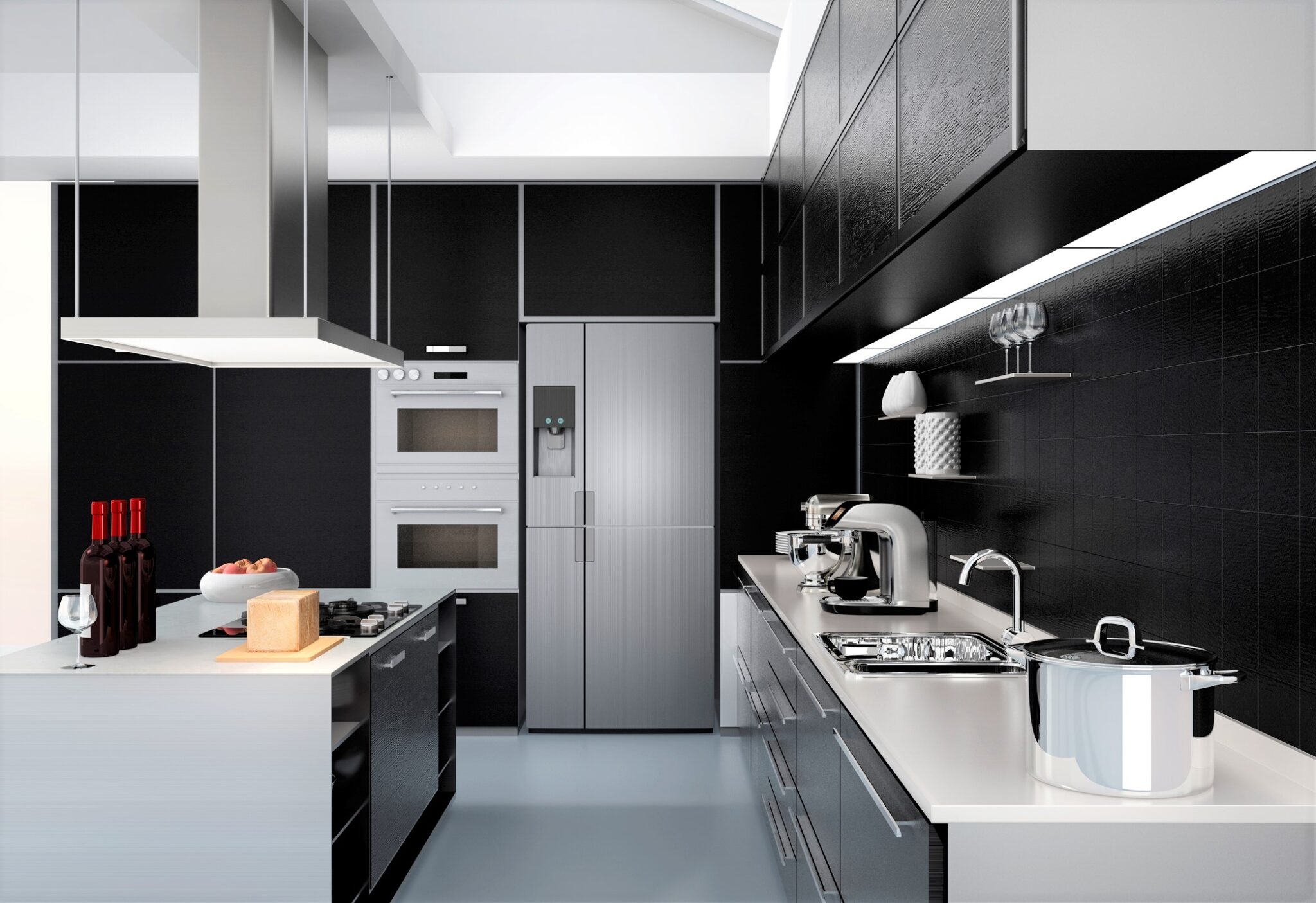 A black, white, and silver modern open kitchen. This article covers Kitchen Trends to Look For in 2022.