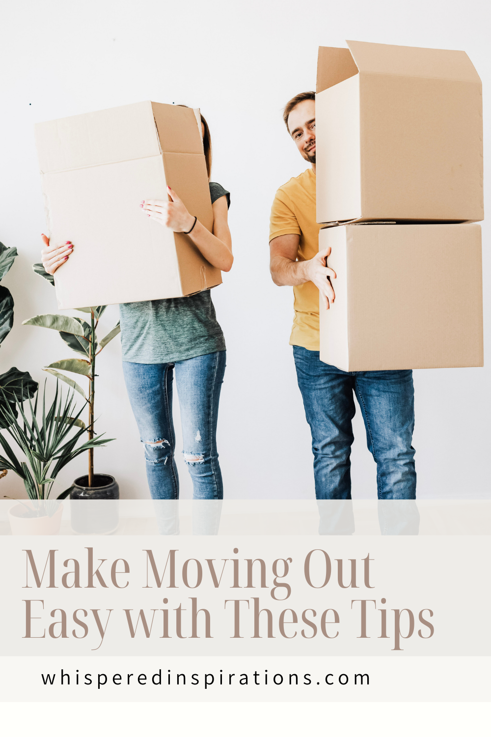 A man and a woman hold a moving box and are packing/unpacking. This article covers how to make moving out of your home easier with these tips.