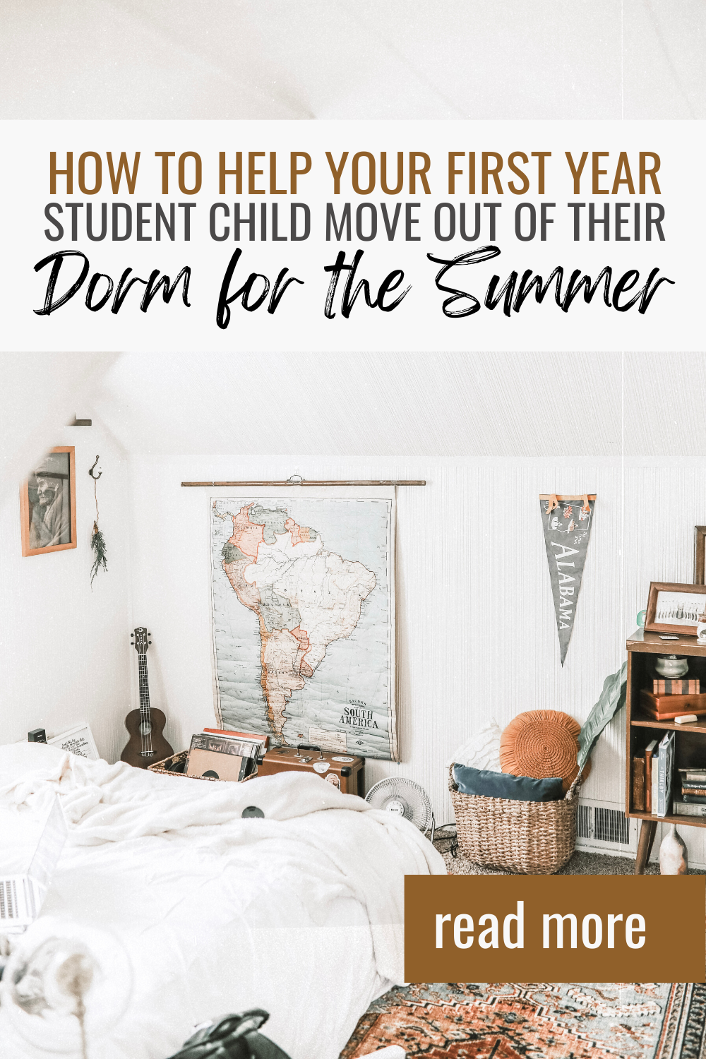 A very trendy bedroom/dorm room for a college student. This article covers how to help your first year college student child move out of their dorm for the summer.