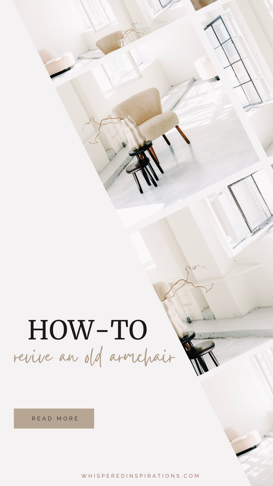 A beautiful white room has two wooden side tables with a vase. Behind it is an old arm chair and further back is a modern couch. This article covers tips on how to revive an old armchair.