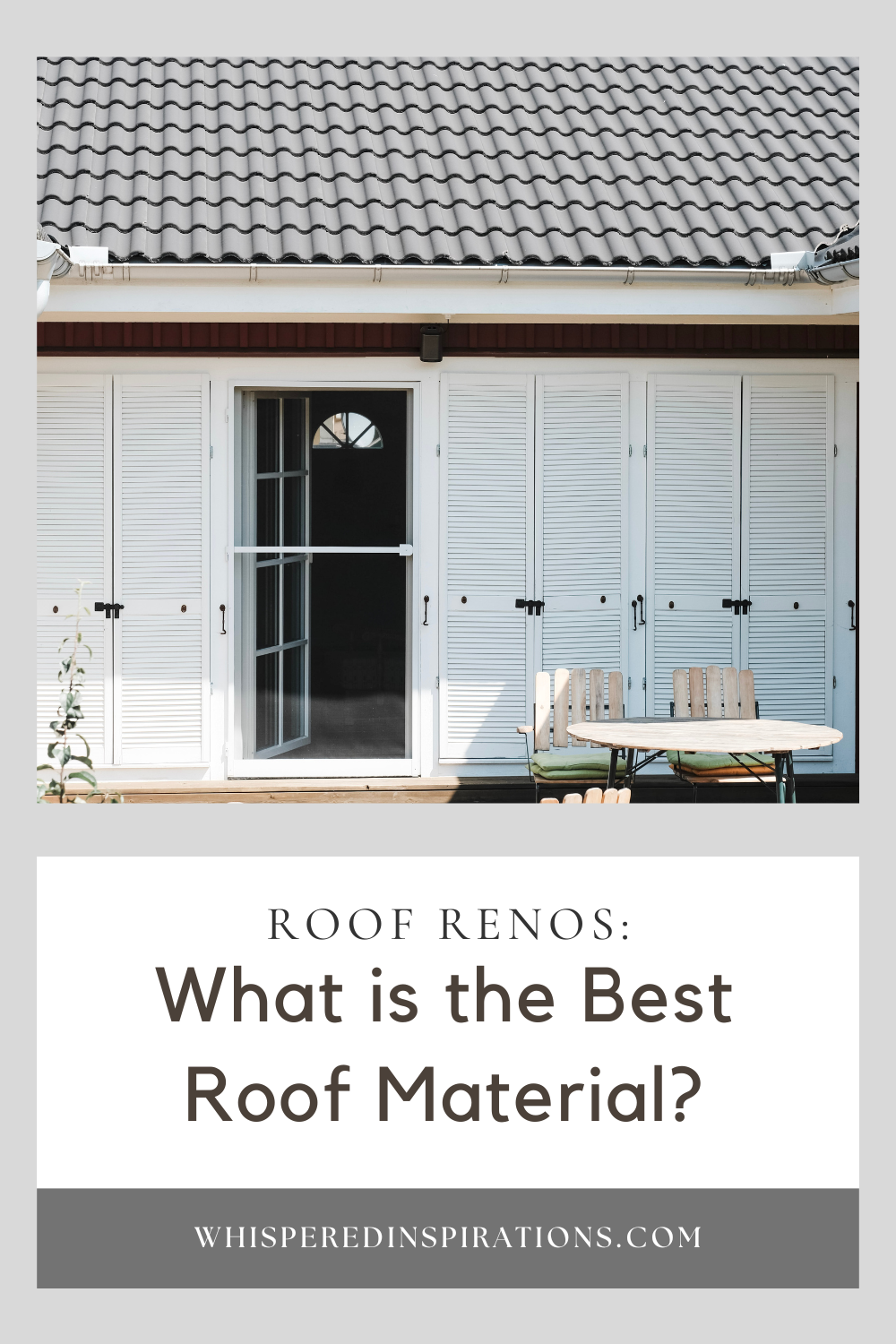 A black and white house with a black metal roof is shown. The exterior shows a back door and a patio. This article covers the questions, what is the best roof material?