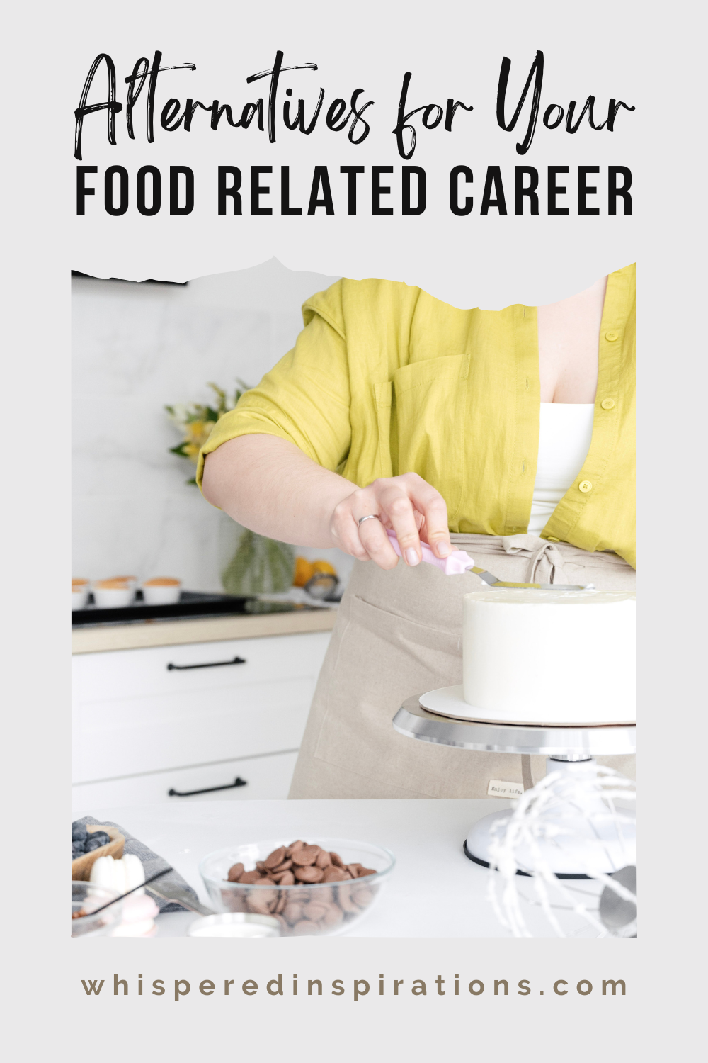 Woman wearing a green shirt and apron is icing a beautiful rustic cake. This article covers alternatives for your food related career.
