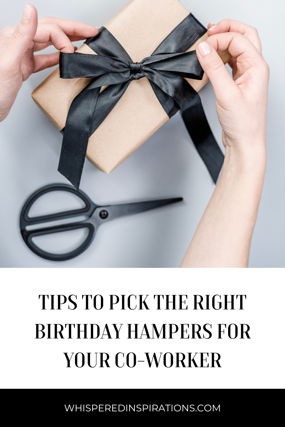 A woman wraps a present with butcher paper, black ribbon, and rope. This article covers tips to pick the right Birthday hampers for your co-worker.