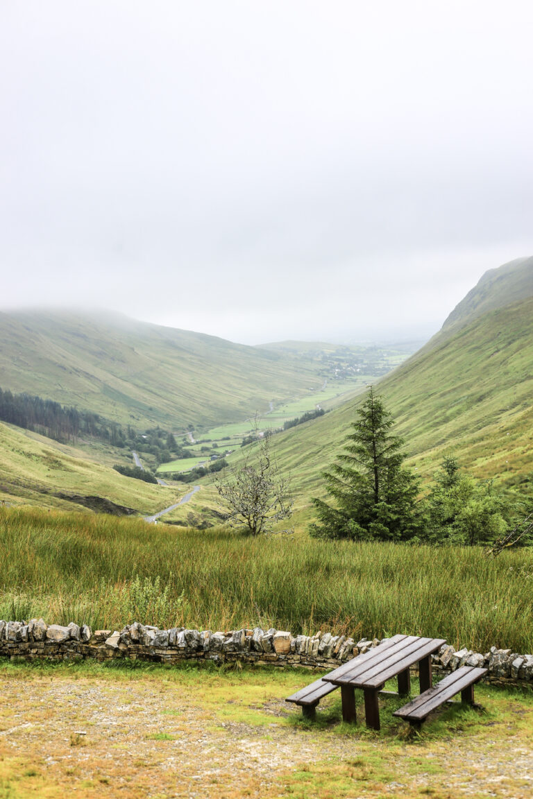 A bench sits at the bottom of the rolling and endless hills in Ireland. They are incredibly green while fog hangs over the hills. Wildflowers surround the bench. This article covers when to visit Ireland.