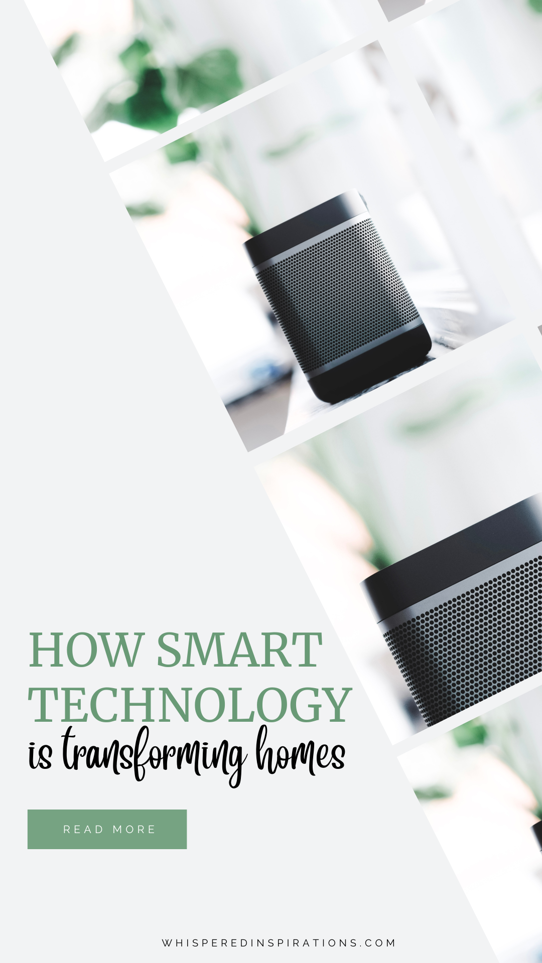 A black and silver speaker sits on a ledge by a window, there is a green plant behind it in the distance. This article covers how smart technology is transforming homes.