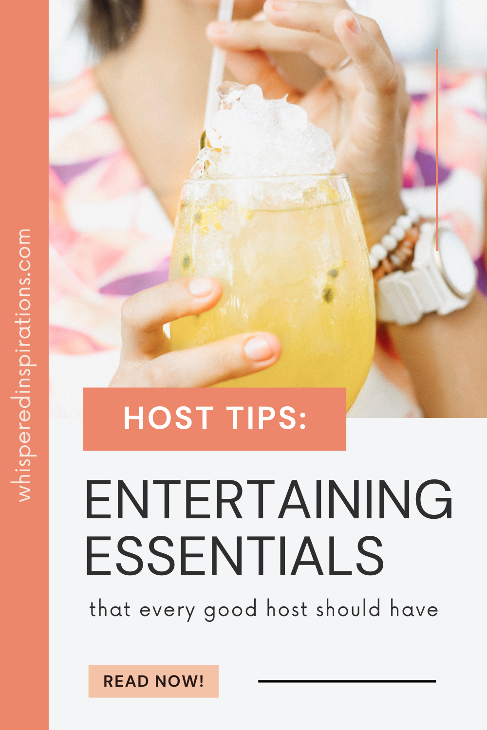 A woman's bottom half of her face is shown. She is smiling and holding a straw up to her mouth. She is drinking an orange cocktail with her pinky up. This article covers entertaining essentials every good host should have.