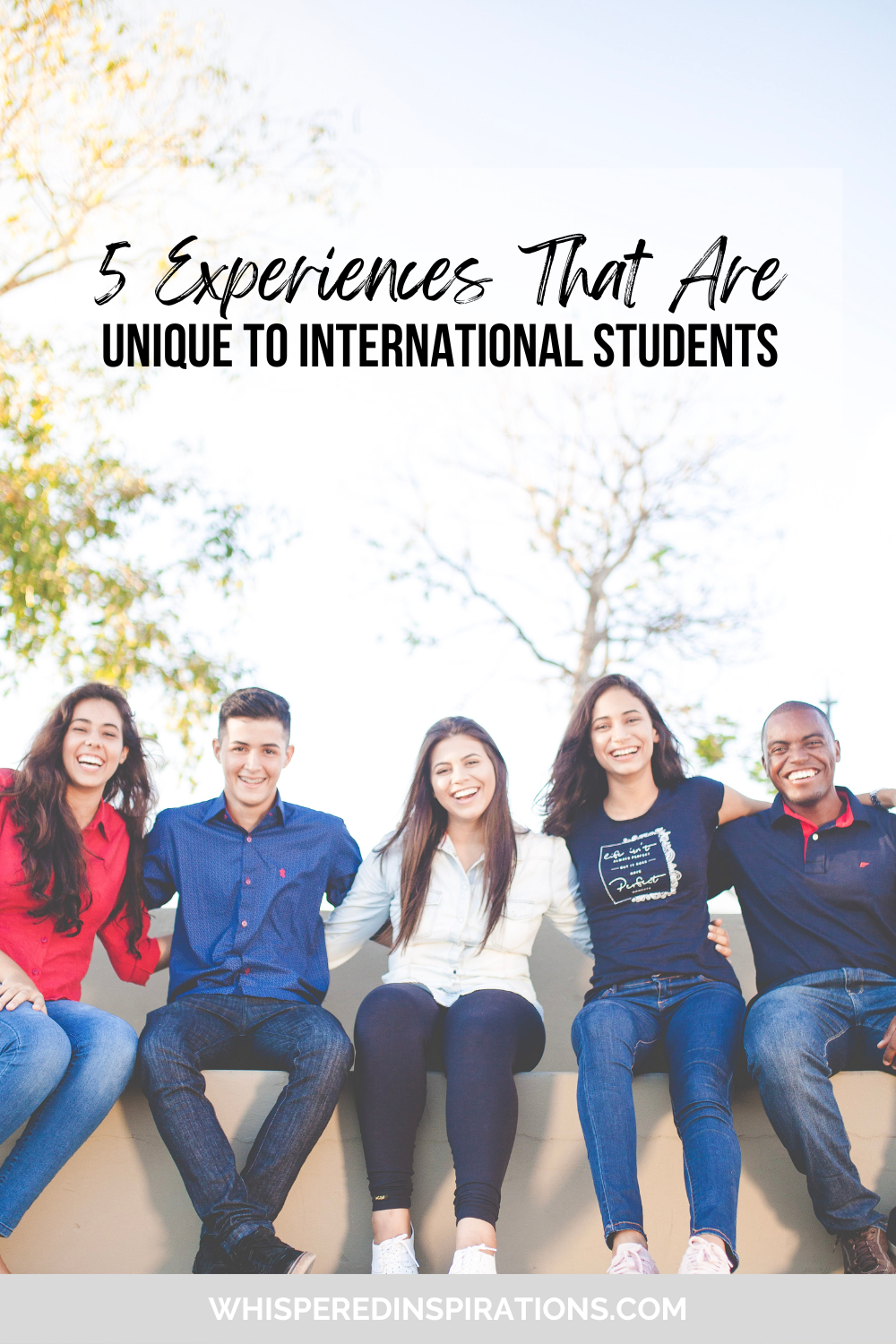 A group of students sit together and smile at the camera. They are seated outdoors of a school campus. This article covers experiences unique to international high school students.