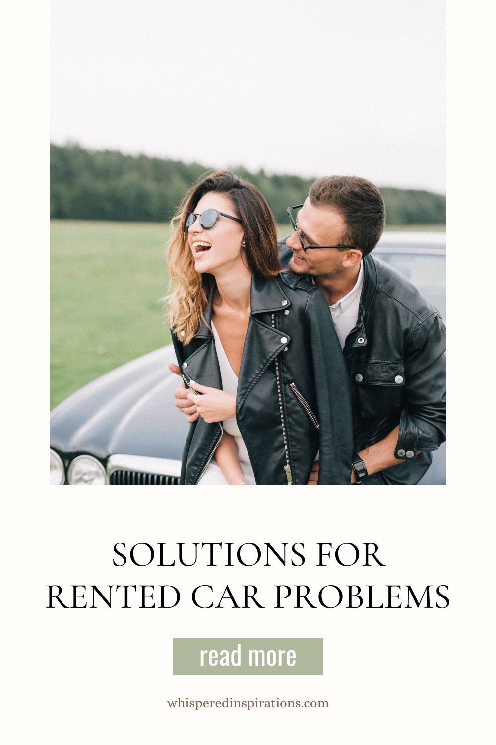 A man and woman sit on the hood of the car and laugh. They are on a trip. This article covers solutions for rented car problems.