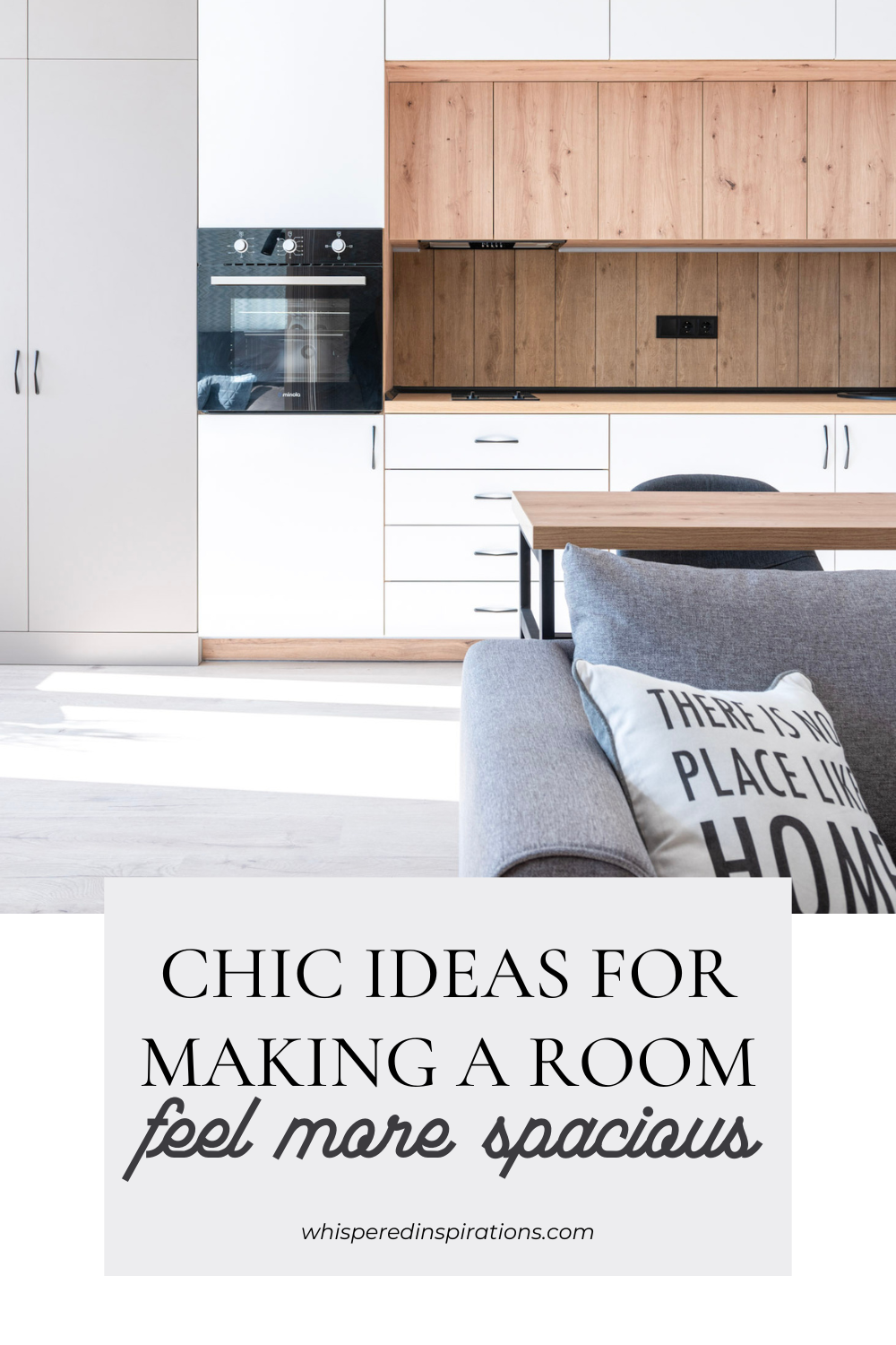 A glimpse of a living room is shown and a beautiful kitchen is shown in the background. This article covers chic ideas for making a room feel more spacious.