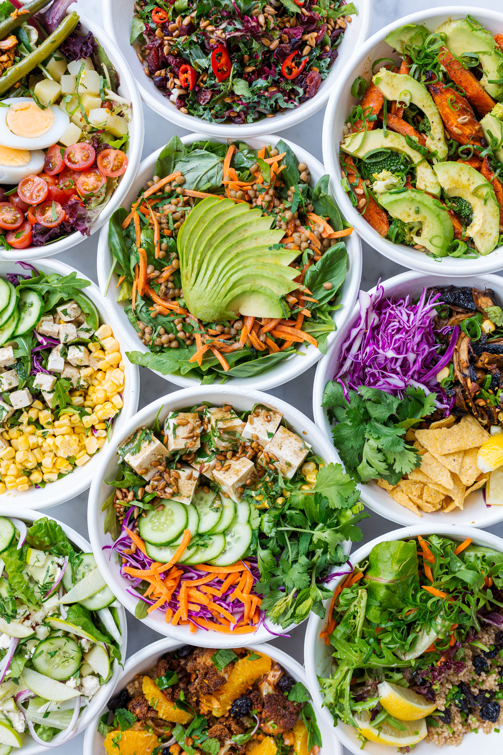 Ten bowls of mixed salads filled with greens, vegetables, grains, and more are shown. This article covers creating new dishes from old leftovers.
