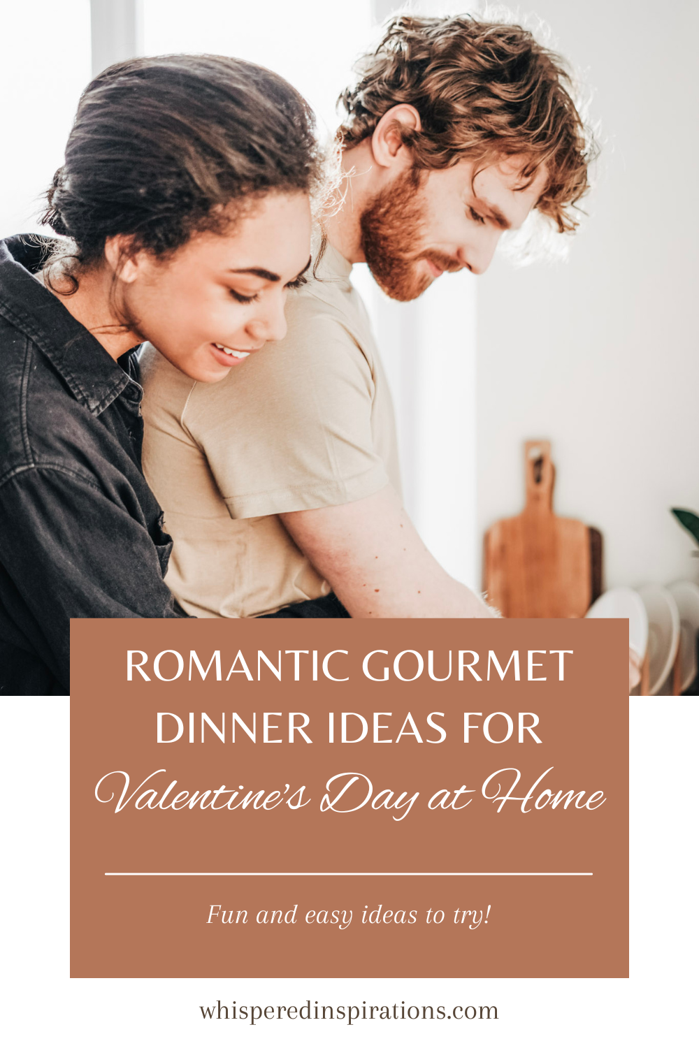 A woman and man embrace and cook together. The woman is hugging the man from behind while the man prepares food. This article covers romantic gourmet dinner ideas for a perfect Valentine's Day at home. 