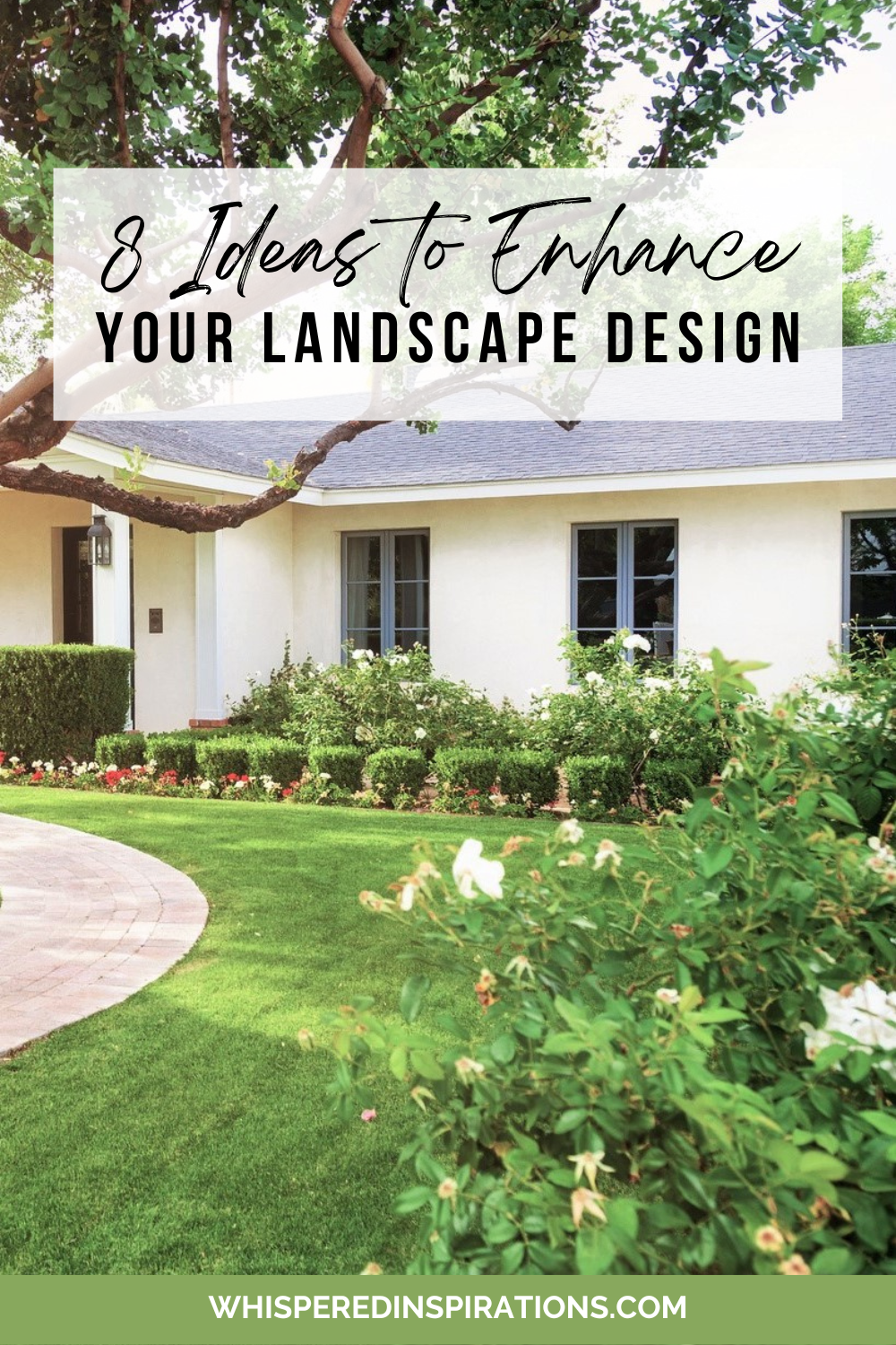 A beautiful black and white home with lush landscaping and a large tree. This article covers ideas to enhance your landscape design.
