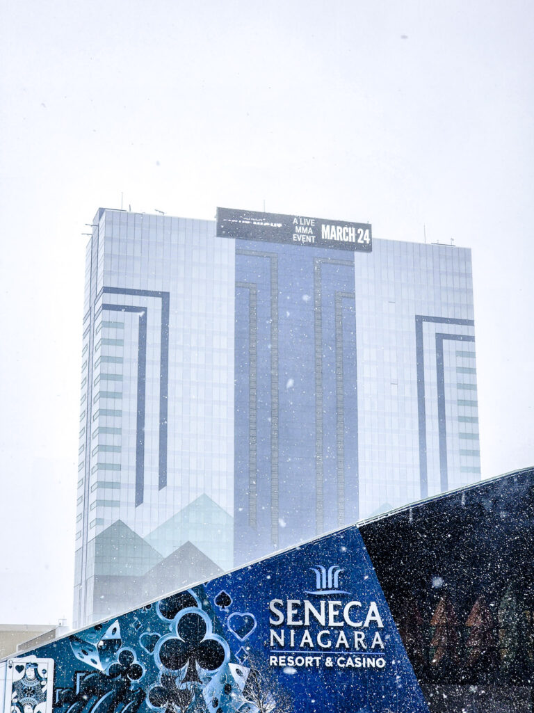 The back entrance of Seneca Niagara Resort & Casino during a snowy day in March. This article shares the ultimate guide to planning a fun-filled getaway at the Seneca Niagara Resort & Casino.