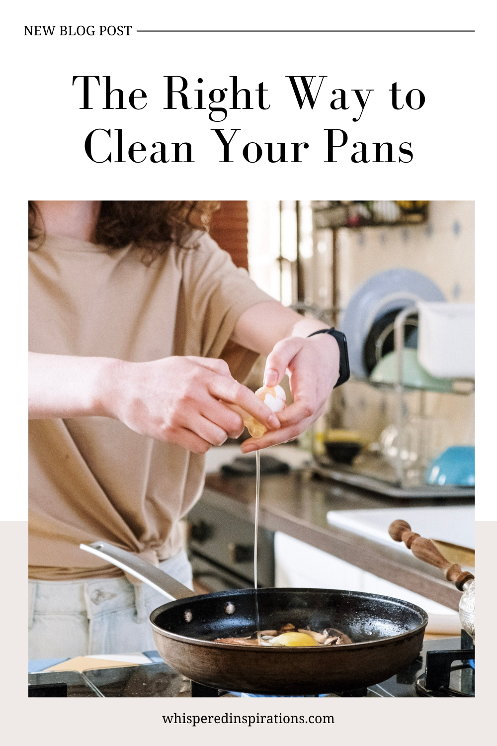 Woman cracks egg over frying pan. This article covers the right way to clean your pans.