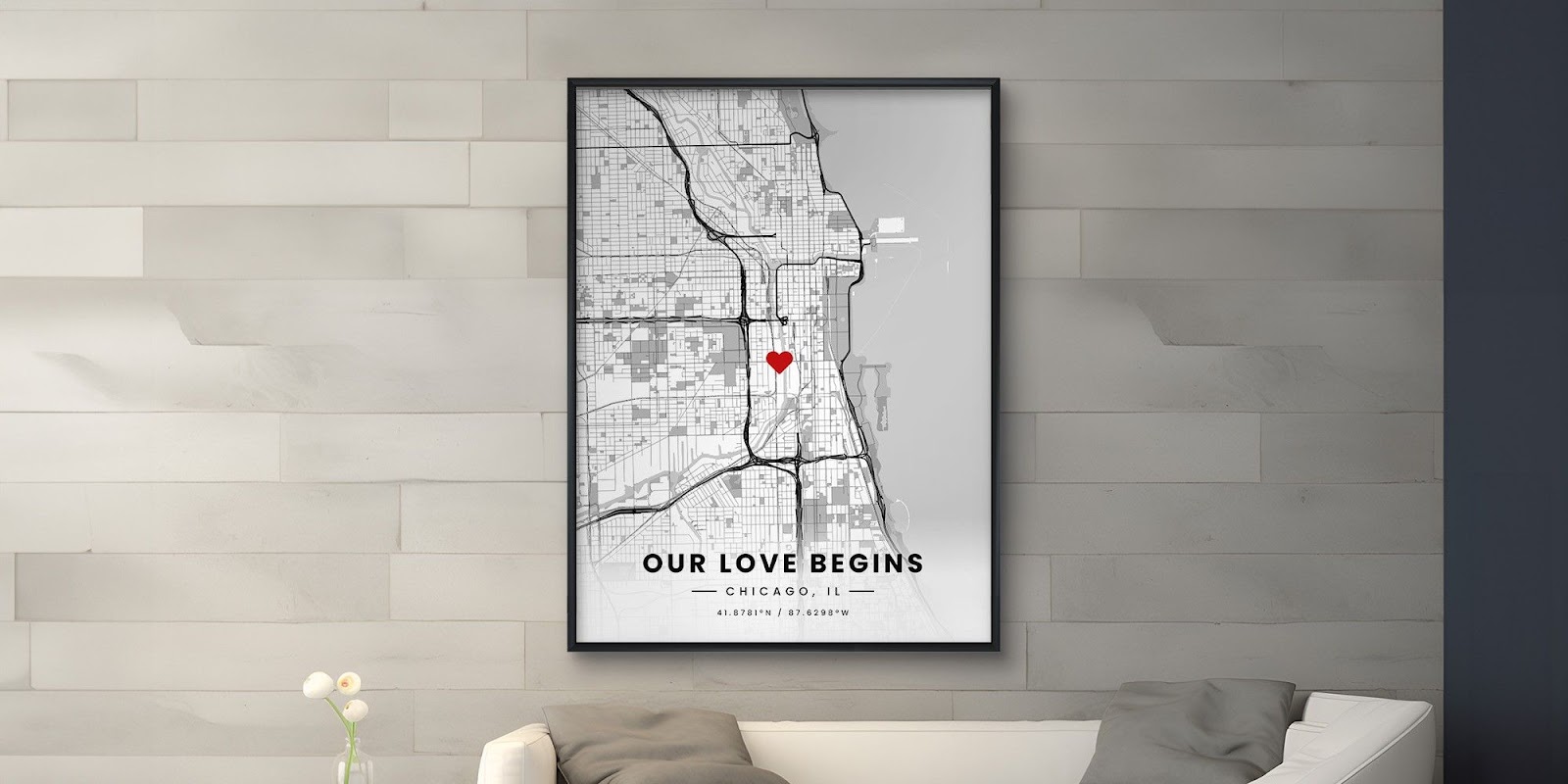 A grey wall with a beautiful Map frame. This article covers Our First Date Maps.