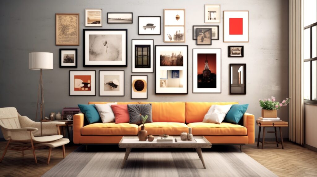 A living room with darker pictures used for a gallery wall. This article covers how to select and style photos for modern living spaces. 