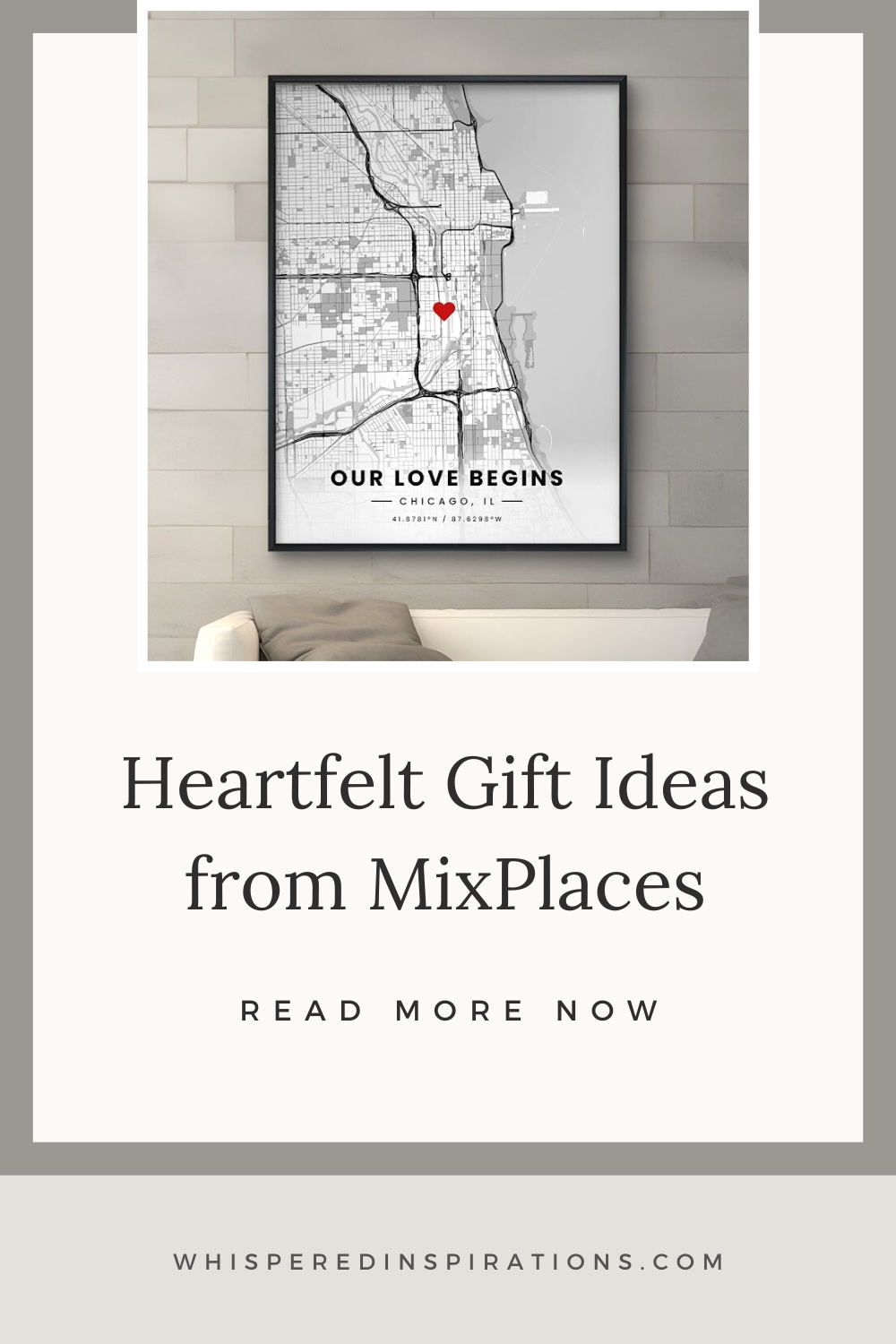 A grey wall with a beautiful Map frame. This article covers Our First Date Maps.