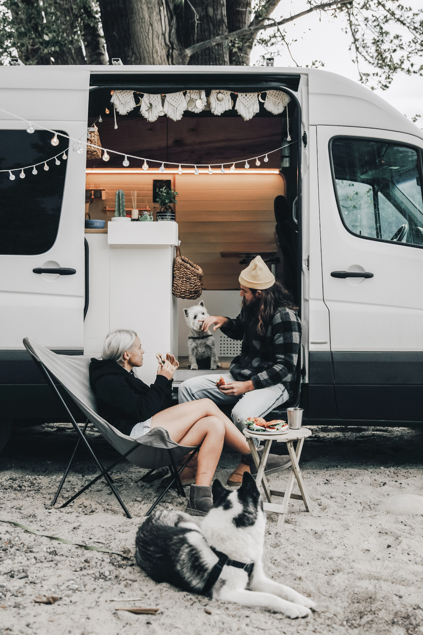 A couple with two dogs sit outside of their traveling caravan. This article covers creative decorating your traveling caravan. 