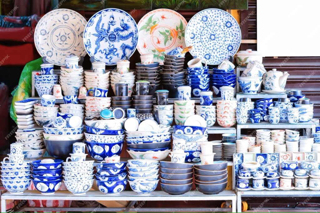 Blue and white dishes of all shapes and size. This article covers how to style photos for modern living spaces.