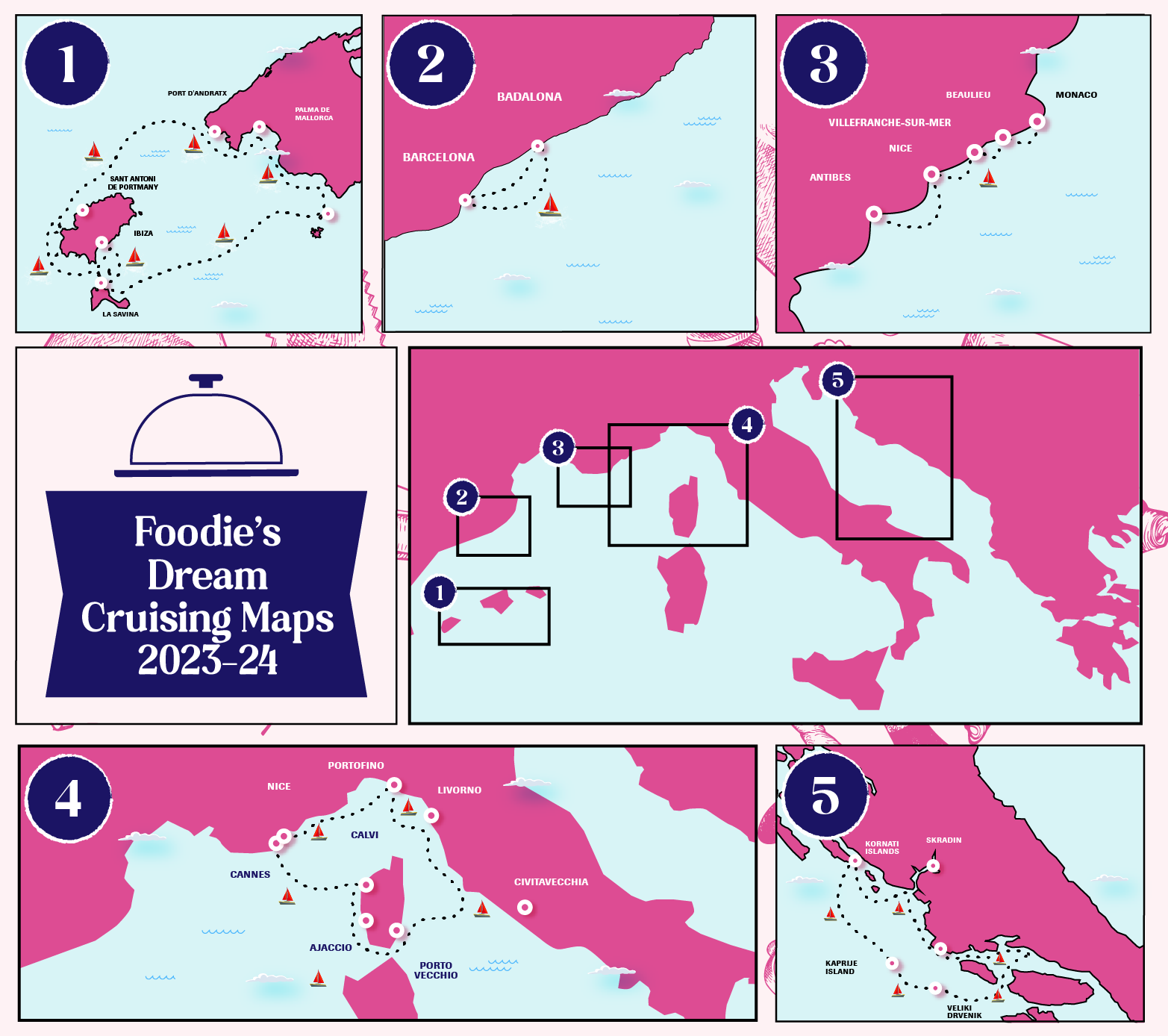 A man and woman cheers with their friends on a boat. This article covers a foodie’s dream cruising maps. 