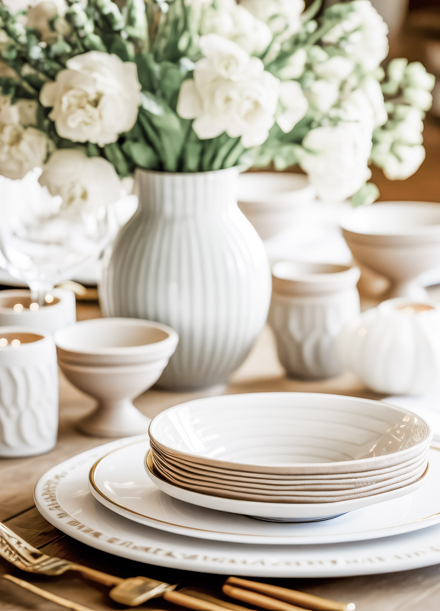 A beautiful white tablescape with white and neutral plates. There is a flower arrangement with white flowers. This article covers choosing the perfect ceramic serveware for your table settings.