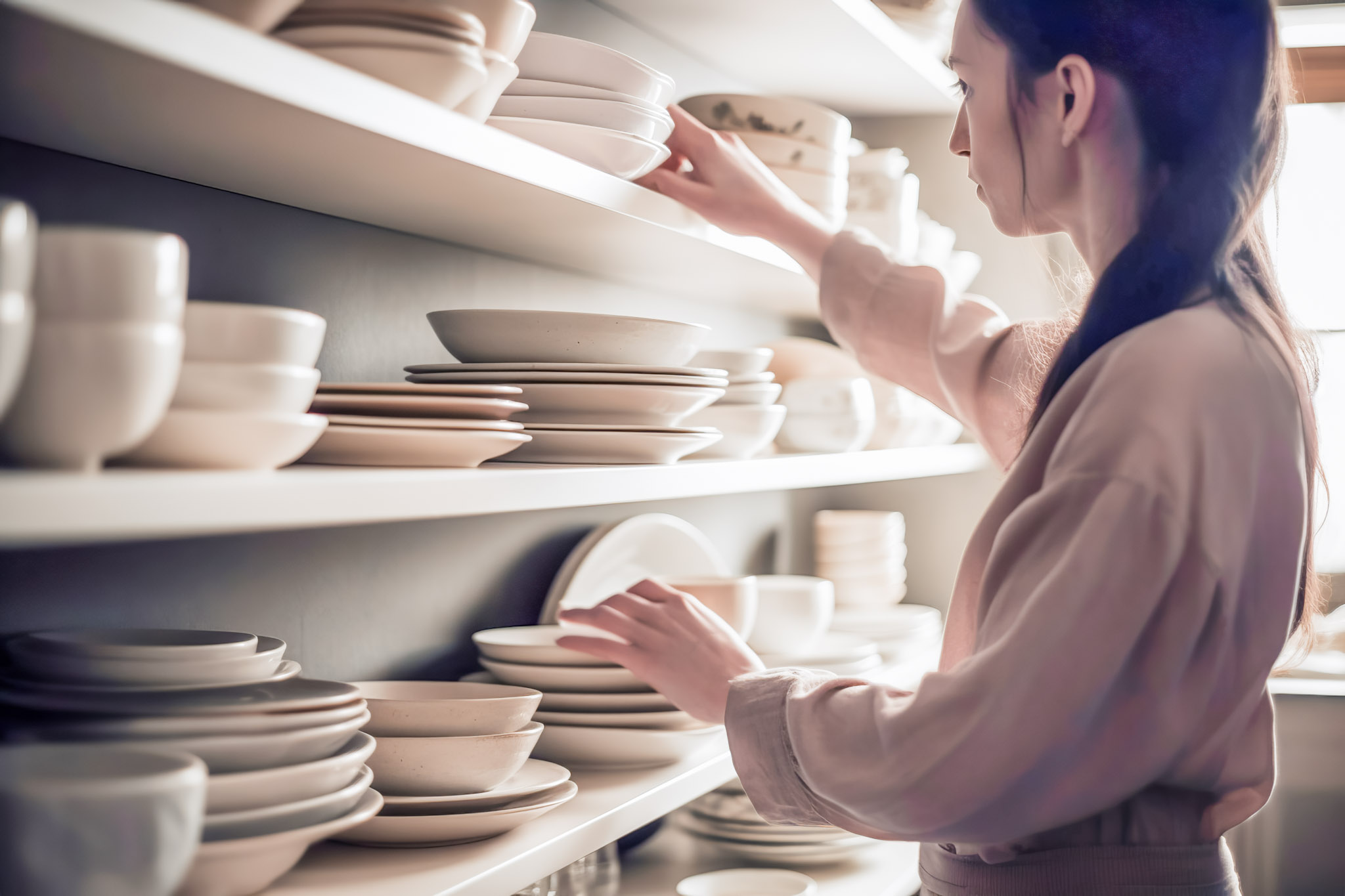 A woman stands in a walk in pantry and examines plates and dishes. This article covers choosing the perfect ceramic serveware for your table settings.