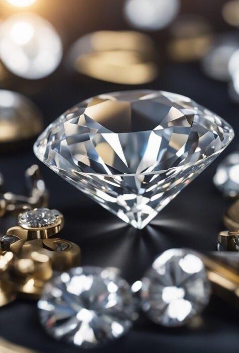 A sparkling lab diamond sits on a velvet cushion, catching the light from above. Surrounding it are various gemological tools and equipment, highlighting its precision and quality.