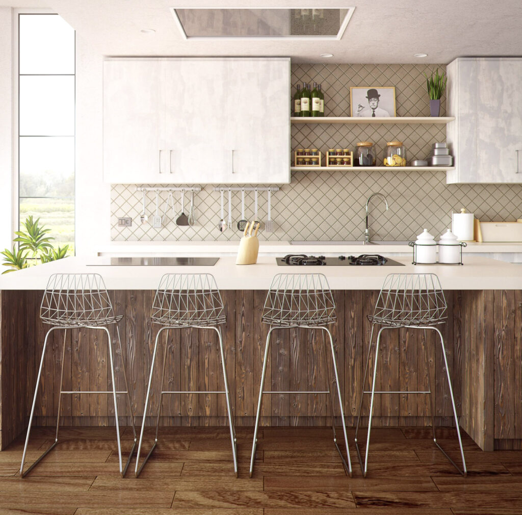 A beautiful white and brown kitchen with metal stools at the kitchen island. This article covers interior renovation, the good, the bad, and the ugly.