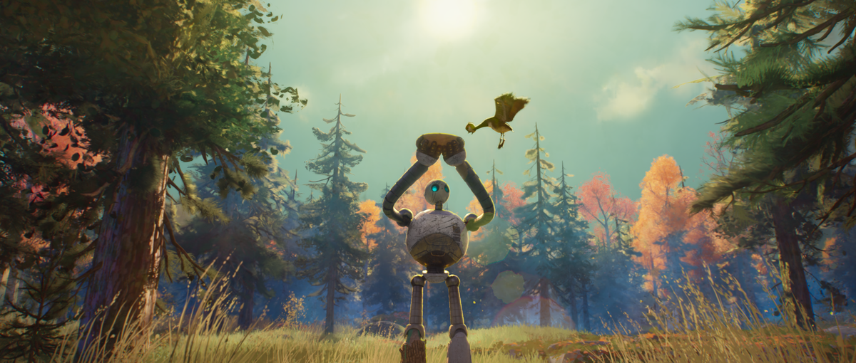 Roz holds up a basket of food while she rewards Brightbill for flying.