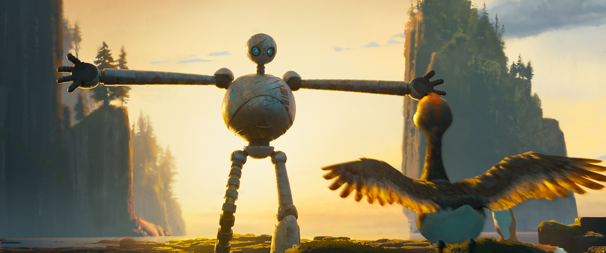 Roz extends her arms to show Brightbill how to fly.
